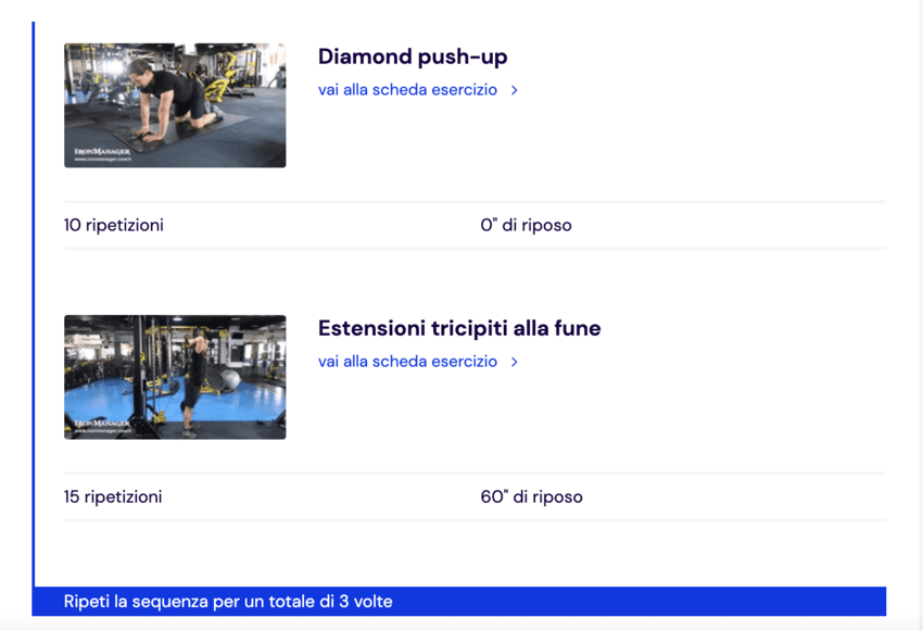 Allenamento pettorali e bicipiti | dorsali e tricipiti | gambe | spalle : livello 1 : palestra ironmanager