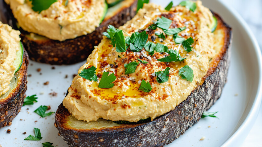 Delicious air fryer zucchini hummus toast topped with herbs and spices