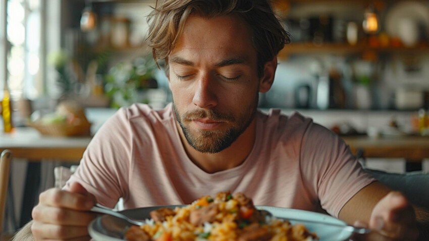 Man is eating plate food with his eyes closed